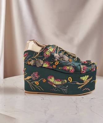 Green woven leather wedges shoes 1