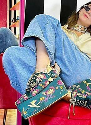 Green woven leather wedges shoes 2