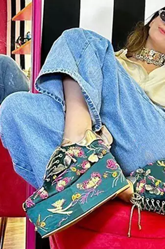 Green woven leather wedges shoes