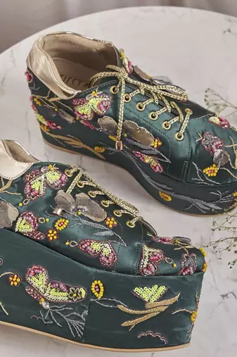 Green woven leather wedges shoes
