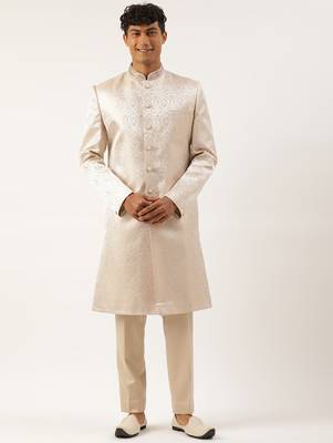 Ivory gold jacquard achkan set 1