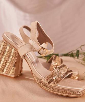 Gold woven leather block heels 1