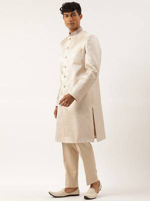 Ivory gold jacquard achkan set 3