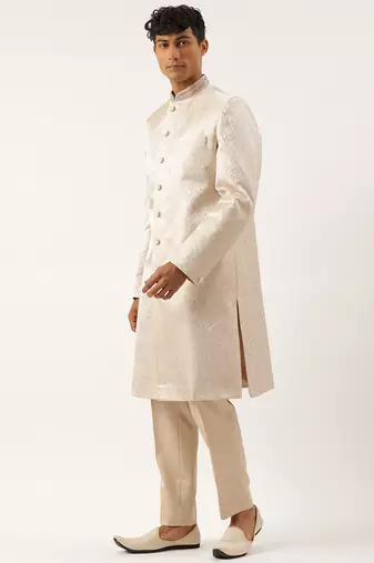 Ivory gold jacquard achkan set