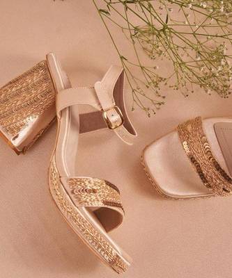 Gold woven leather block heels 2