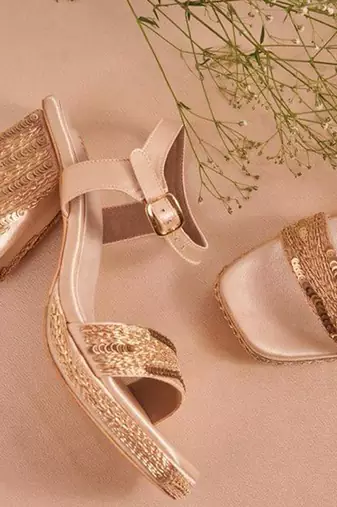Gold woven leather block heels