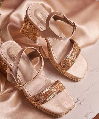 Gold woven leather block heels 3