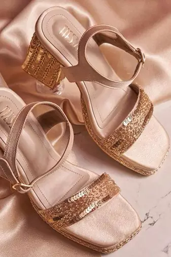 Gold woven leather block heels