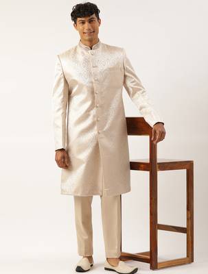 Ivory gold jacquard achkan set 4