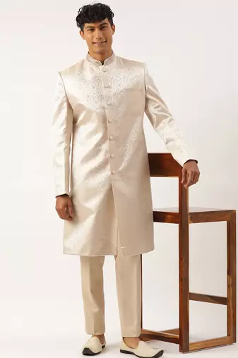 Ivory gold jacquard achkan set