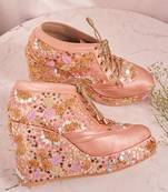 Pink woven leather wedges shoes