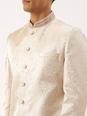 Ivory gold jacquard achkan set 5
