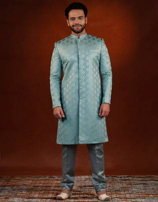 Teal embroidered achkan set 1