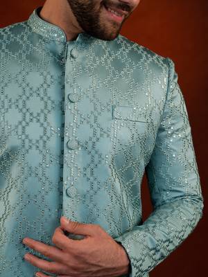 Teal embroidered achkan set 2