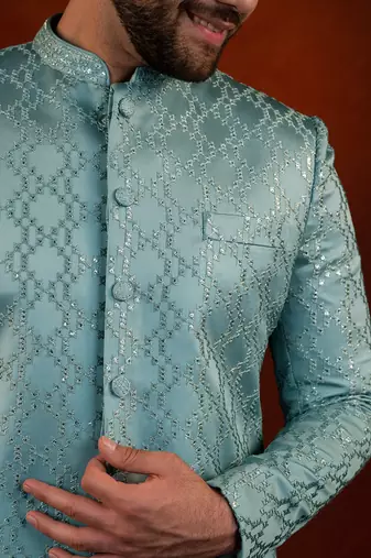 Teal embroidered achkan set