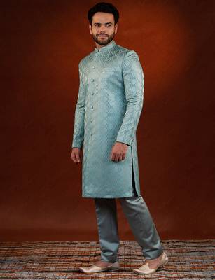 Teal embroidered achkan set 3