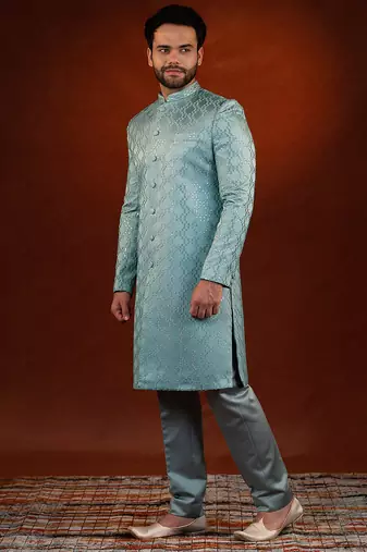 Teal embroidered achkan set