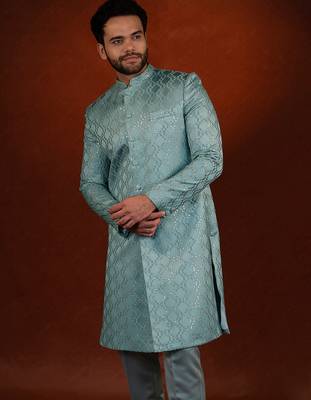 Teal embroidered achkan set 4