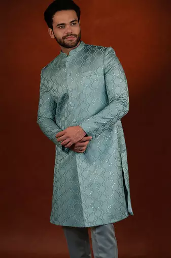 Teal embroidered achkan set