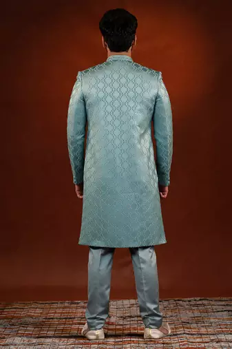 Teal embroidered achkan set