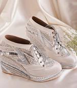 White woven leather wedges shoes