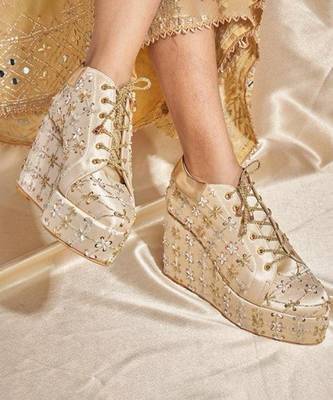Gold woven leather wedges shoes 1