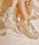 Gold woven leather wedges shoes