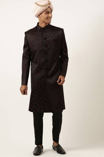 Wine black jacquard indowestern set