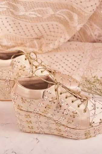 Gold woven leather wedges shoes