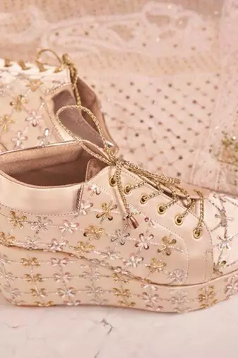 Gold woven leather wedges shoes
