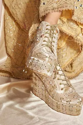 Gold woven leather wedges shoes
