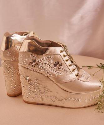 Gold woven leather wedges shoes 1