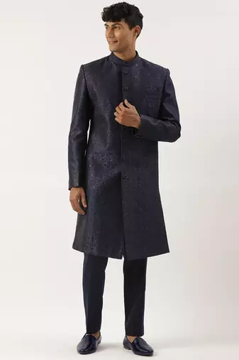 Navy silk embroidered indowestern set
