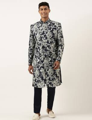 Navy grey jacquard angrakha indowestern set 1