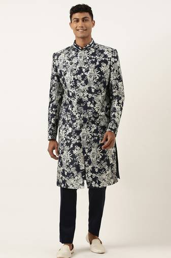 Navy grey jacquard angrakha indowestern set