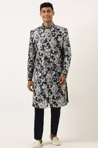 Navy grey jacquard angrakha indowestern set