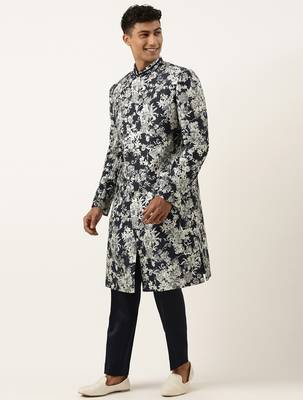 Navy grey jacquard angrakha indowestern set 3