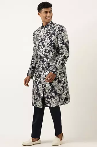 Navy grey jacquard angrakha indowestern set