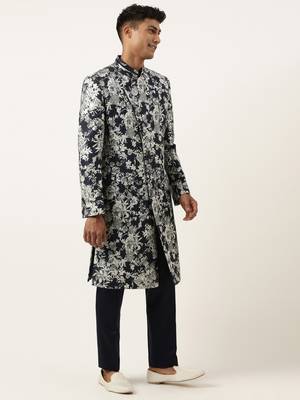 Navy grey jacquard angrakha indowestern set 4