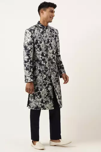 Navy grey jacquard angrakha indowestern set