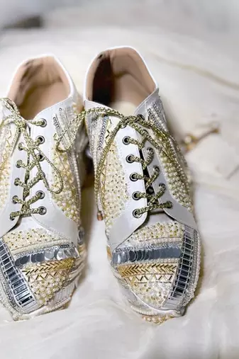 White woven leather wedges shoes