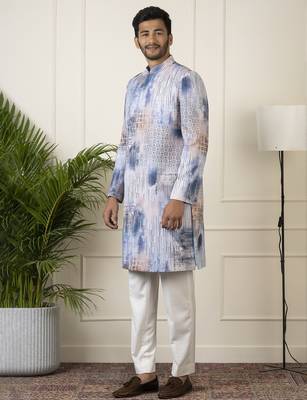 Blue printed seqin embriodered indowestern 1