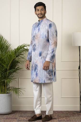Blue printed seqin embriodered indowestern