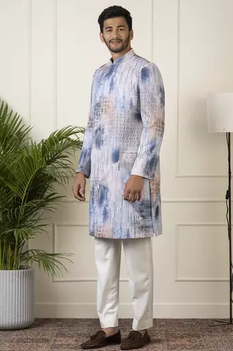 Blue printed seqin embriodered indowestern