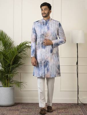 Blue printed seqin embriodered indowestern 2