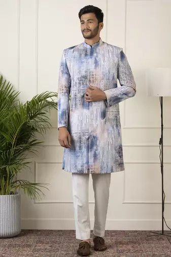 Blue printed seqin embriodered indowestern