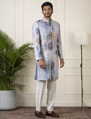 Blue printed seqin embriodered indowestern 3