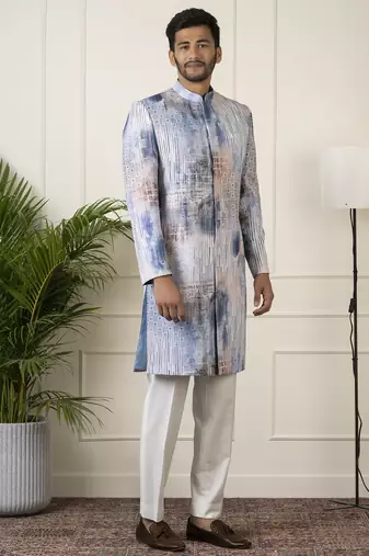 Blue printed seqin embriodered indowestern