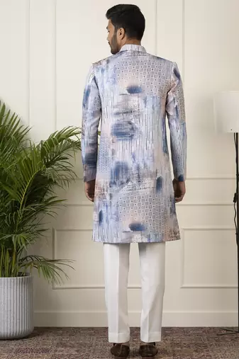 Blue printed seqin embriodered indowestern