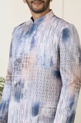 Blue printed seqin embriodered indowestern